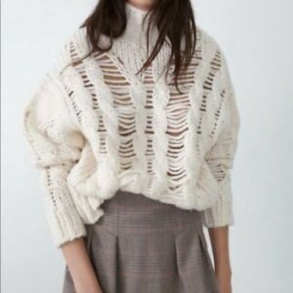 Zara Sweaters - Zara Openknit Cable Work Cream White Turtleneck. S